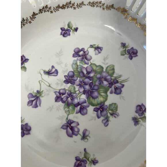 Schwartzhammer Germany Vtg Bavarian Porcelain Bowl Reticulated Lattice Violets - Picture 2 of 8